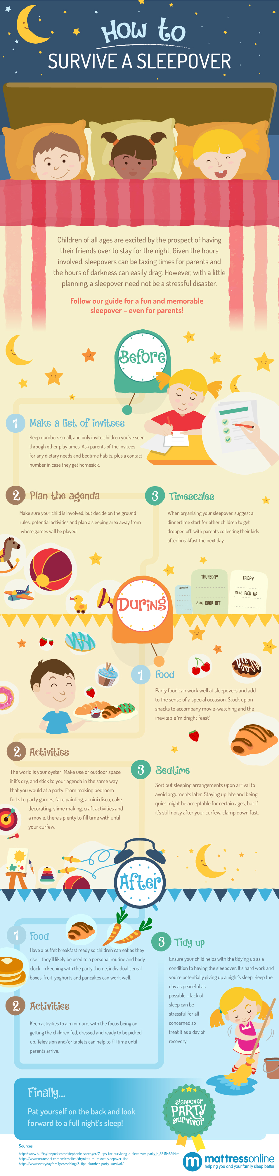 Infographic showing parents how to survive a sleepover for children.